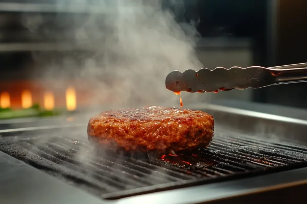 Beef patty sizzling on a grill with tongs