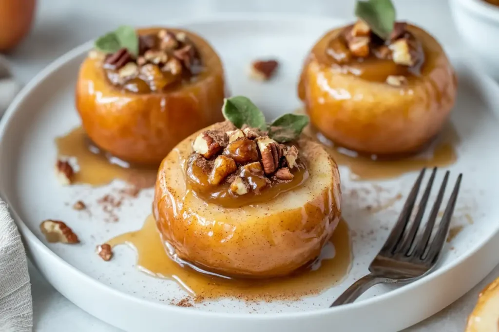 Baked apples with cinnamon and nuts on a white plate