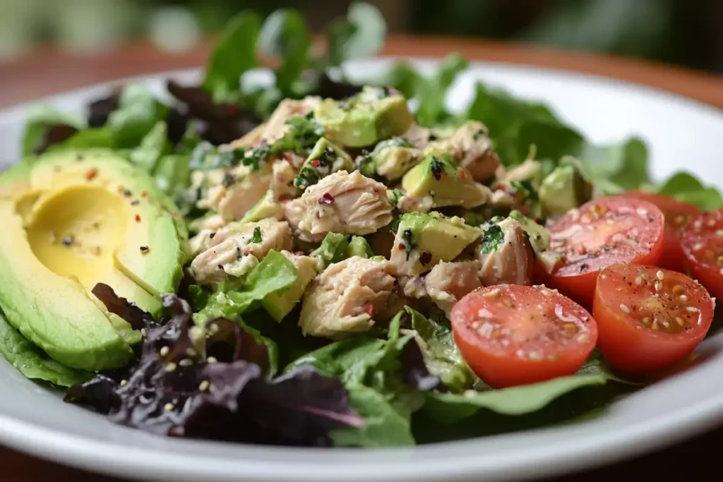 Low-carb diced chicken salad with fresh vegetables.