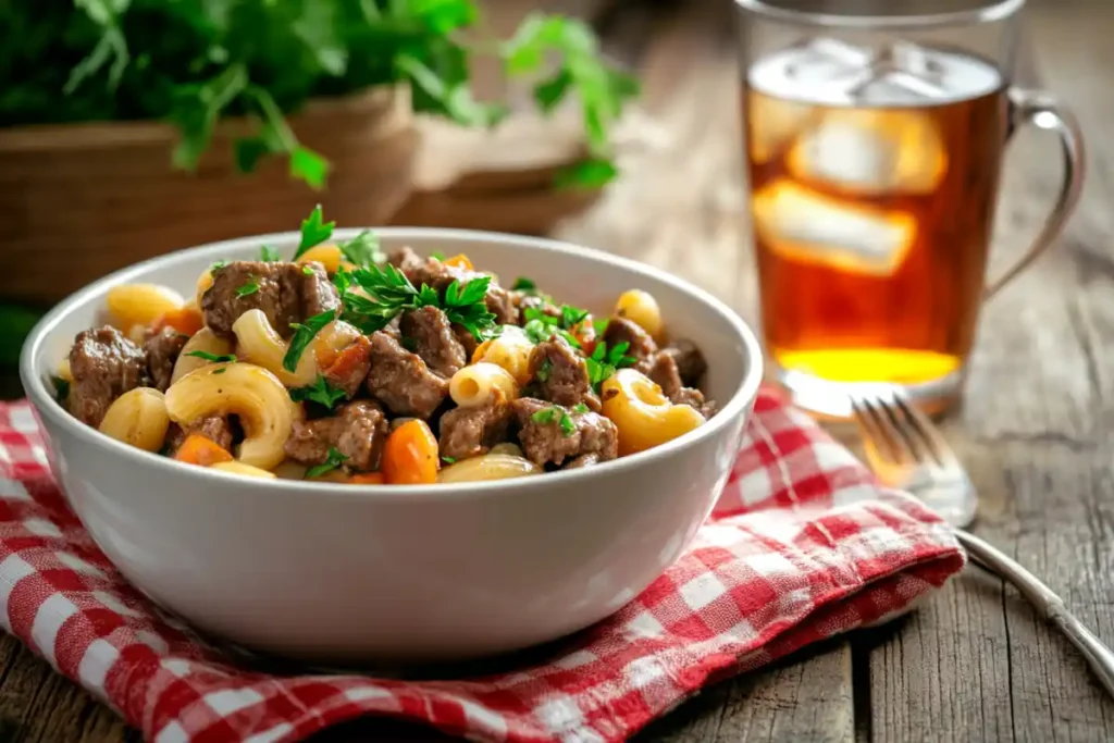 A bowl of beefaroni garnished with parsley on a wooden table.