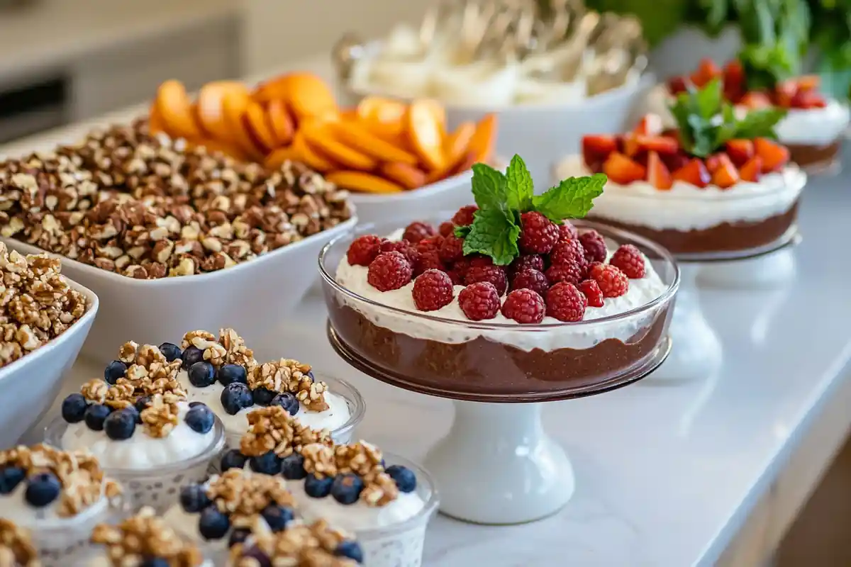 A delicious assortment of high-protein desserts on a rustic table.