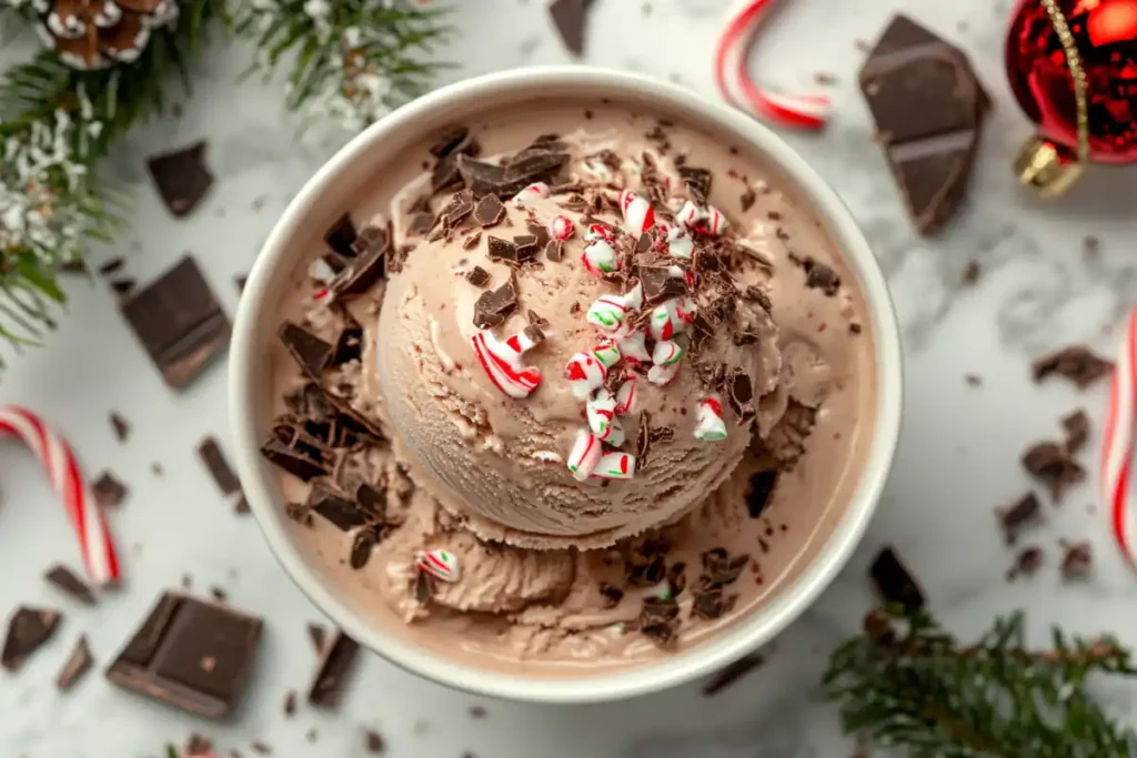 Peppermint chocolate ice cream with candy cane toppings.