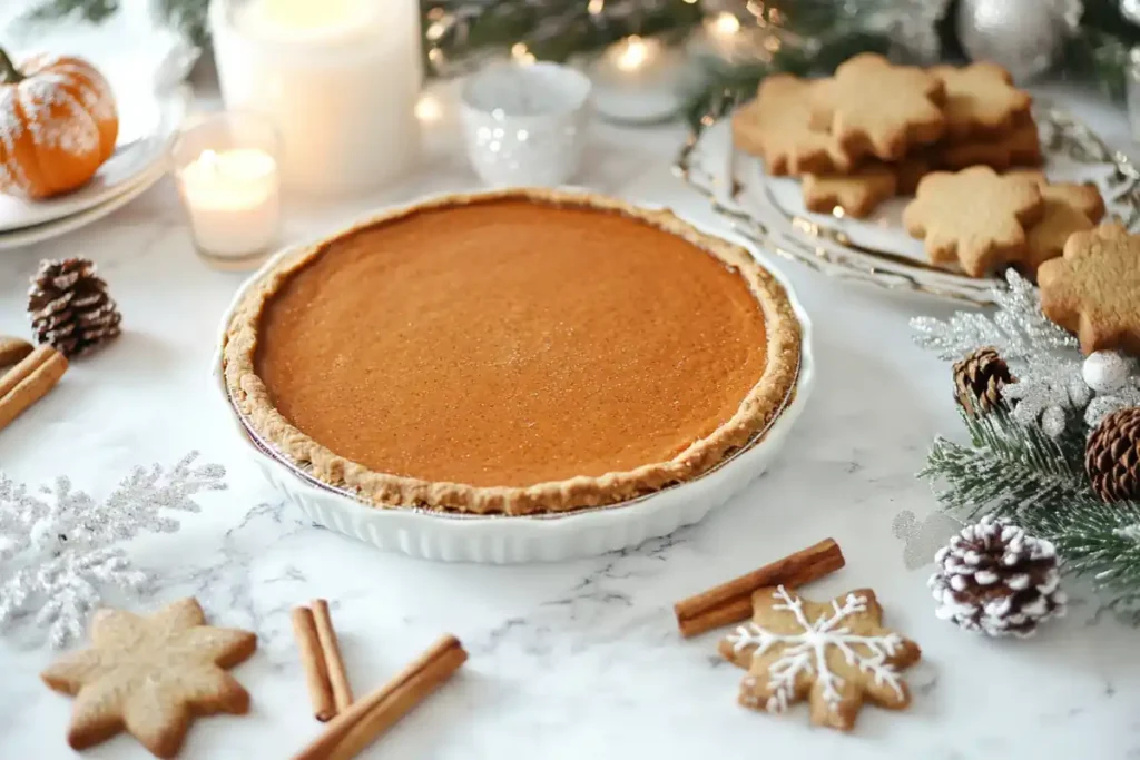 Paleo pumpkin pie and gingerbread cookies on a holiday-themed table.