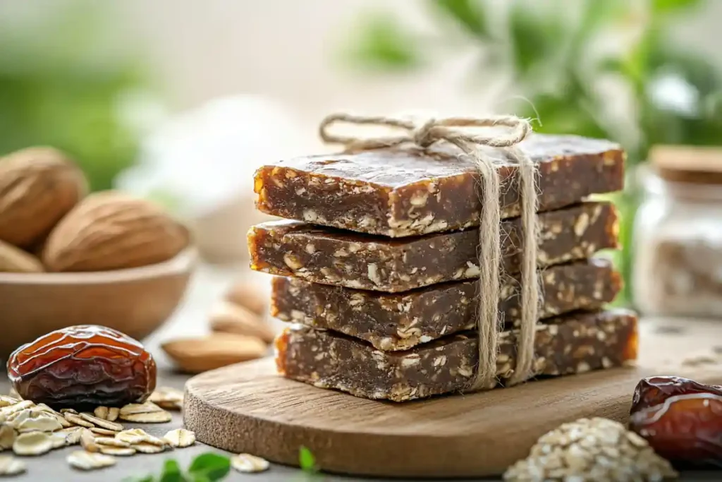 Date and nut energy bars stacked neatly on a wooden board.