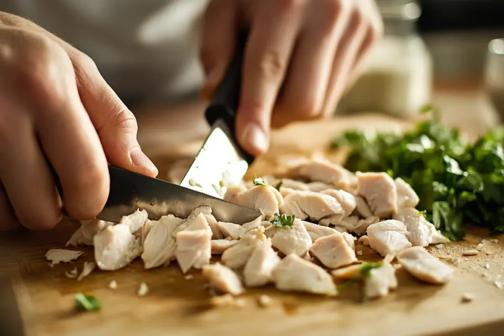 Chef expertly dicing chicken on a cutting board.