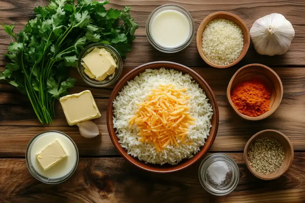 Ingredients for a cheesy rice recipe neatly arranged on a wooden counter