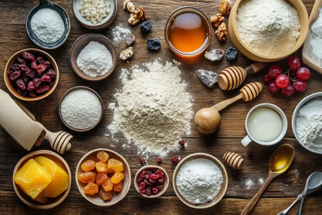 Key ingredients for making Korean desserts on a wooden surface.