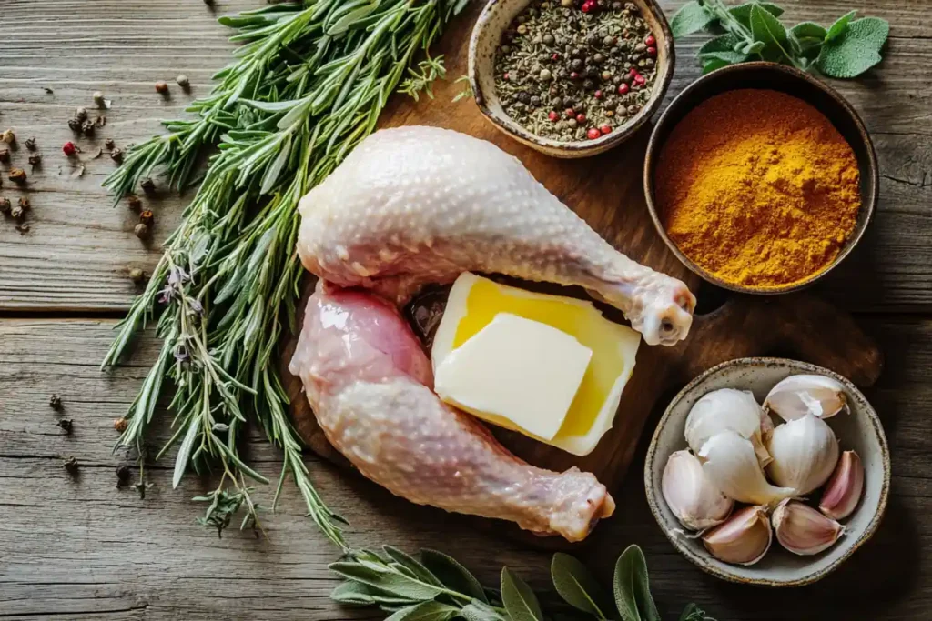 Ingredients for turkey injection recipe arranged on a wooden table.