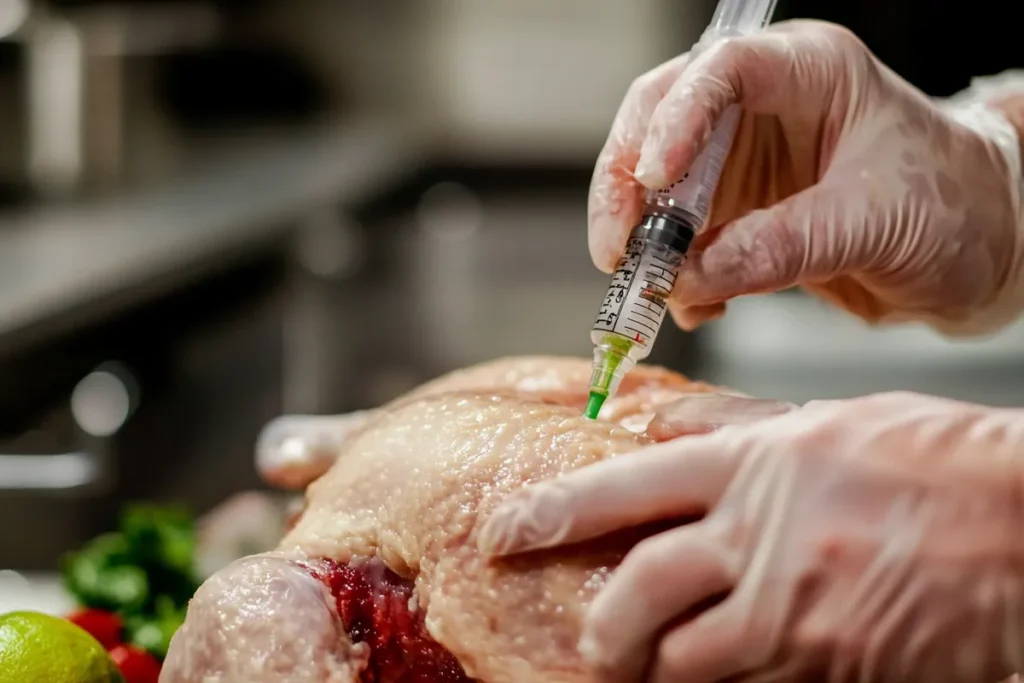 Close-up of a marinade injector being used on raw turkey meat.