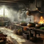 Medieval kitchen with cooking tools and ingredients.