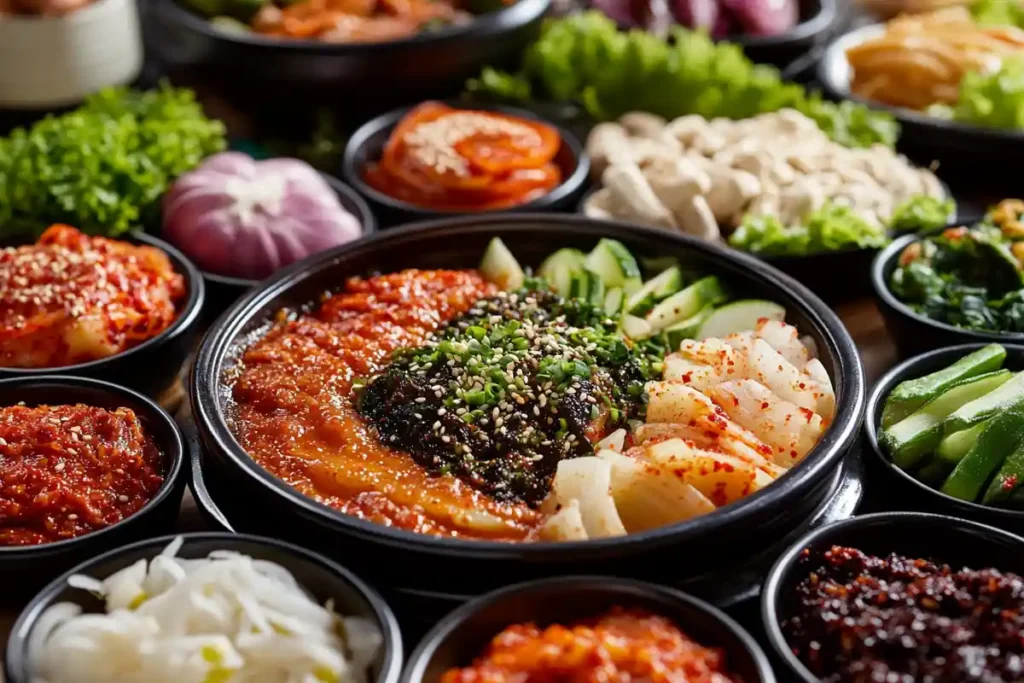 Essential ingredients for Korean cooking including Gochujang and vegetables.