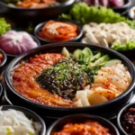 Essential ingredients for Korean cooking including Gochujang and vegetables.