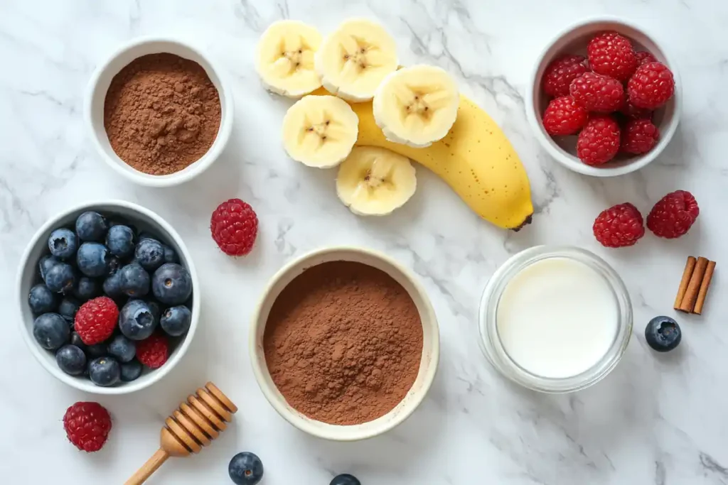 Ingredients for low salt dessert recipes, including bananas, honey, and fresh berries, on a marble countertop.