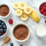 Ingredients for low salt dessert recipes, including bananas, honey, and fresh berries, on a marble countertop.