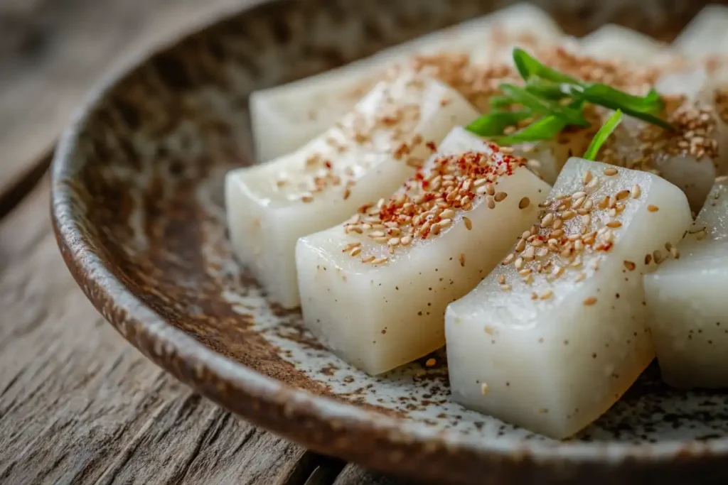 A close-up of traditional Korean rice cakes on a ceramic plate.