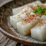 A close-up of traditional Korean rice cakes on a ceramic plate.