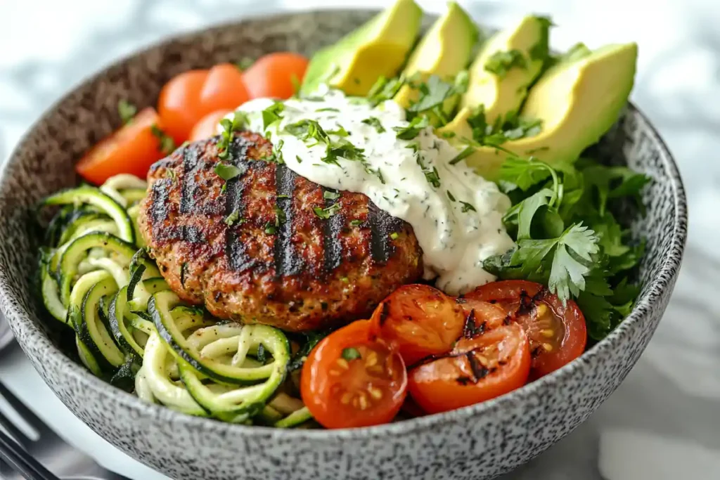 Low-carb burger bowl with zucchini noodles and turkey patty