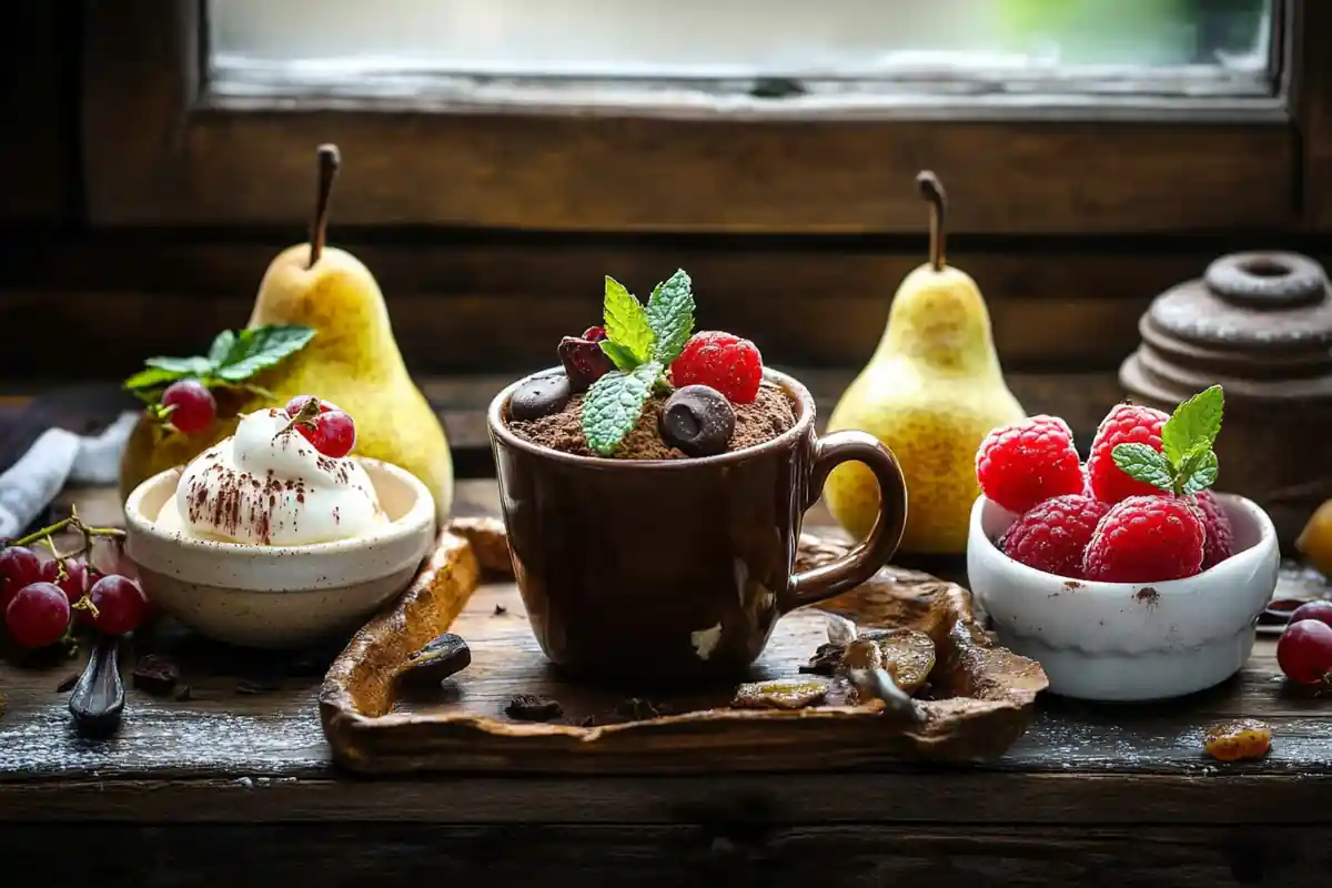 A colorful display of low salt dessert recipes including chocolate cake, fruit sorbet, and baked pears on a rustic table.