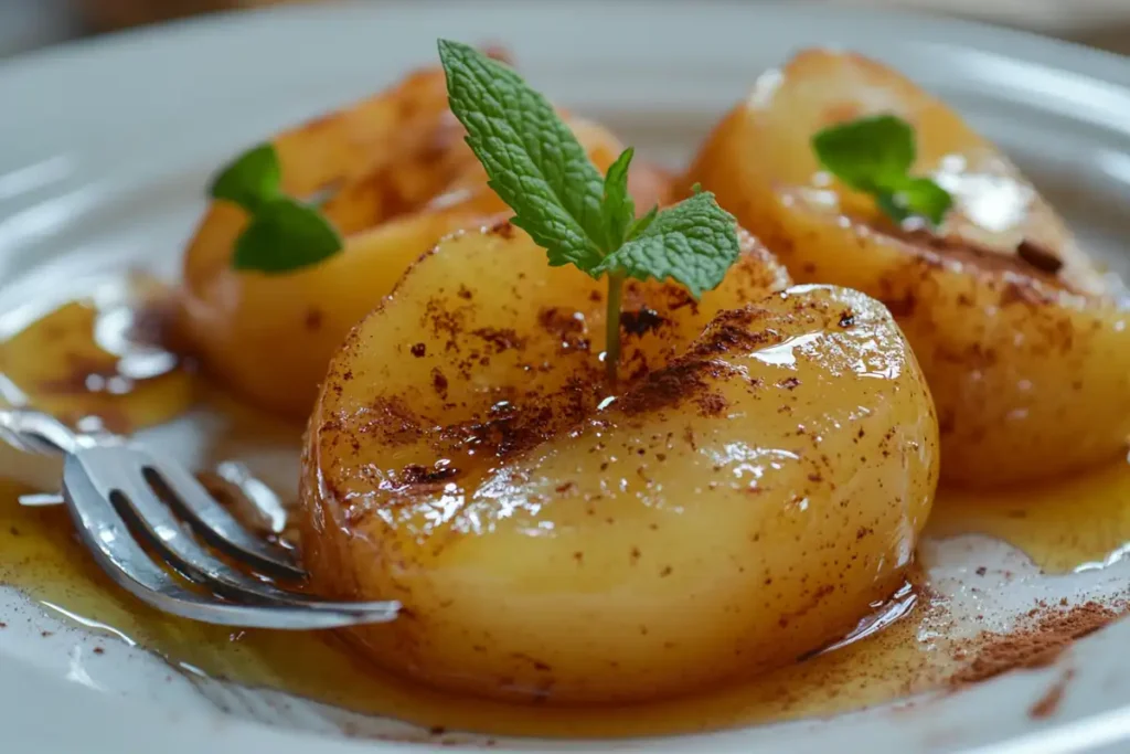 Baked pears with honey and cinnamon on a white plate, perfect for a low salt dessert.