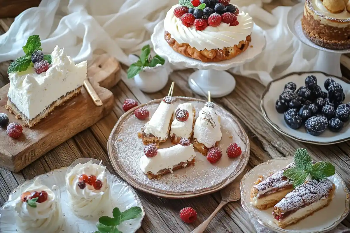 An elegant assortment of ricotta-based desserts on a rustic table.