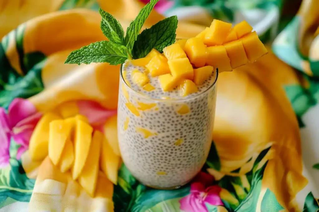 Mango coconut chia pudding garnished with fresh mint leaves.