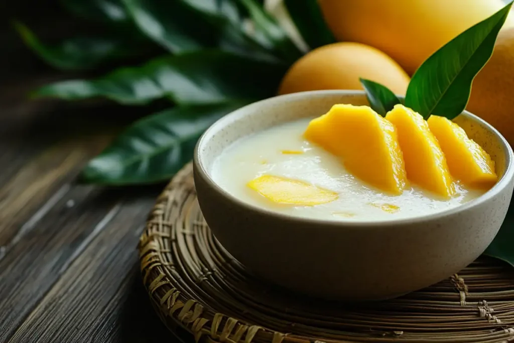 Mango sticky rice served with coconut milk and fresh mango slices.