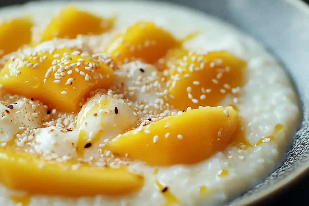 Mango sticky rice served with coconut milk and sesame seeds.