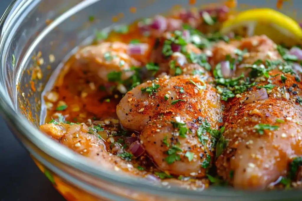 Pollo asado marinating in achiote citrus blend.