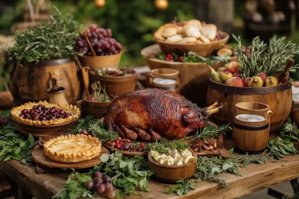 Outdoor medieval feast with festive dishes and ale.