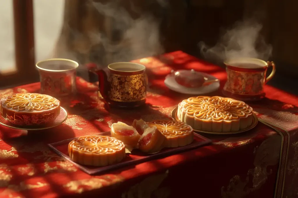 Traditional Chinese mooncakes with tea.