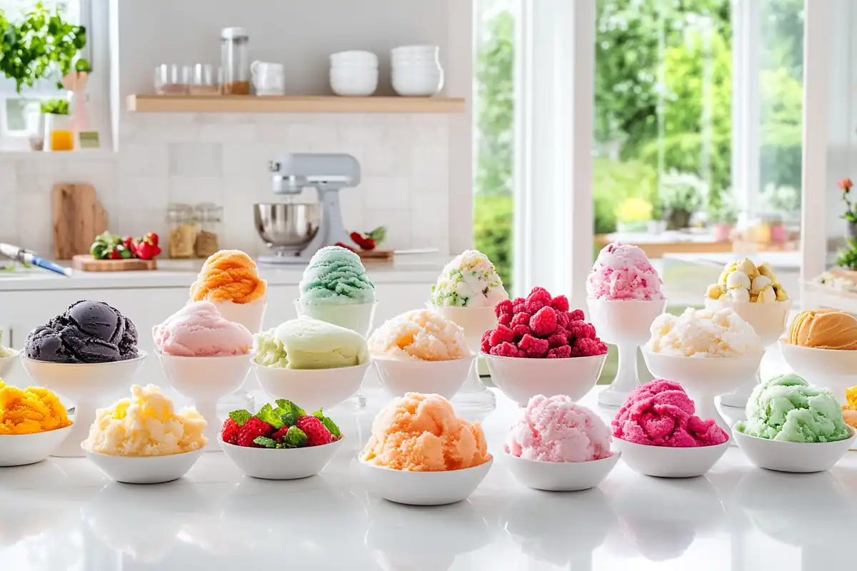 An assortment of frozen desserts made with Ninja Creami on a table.