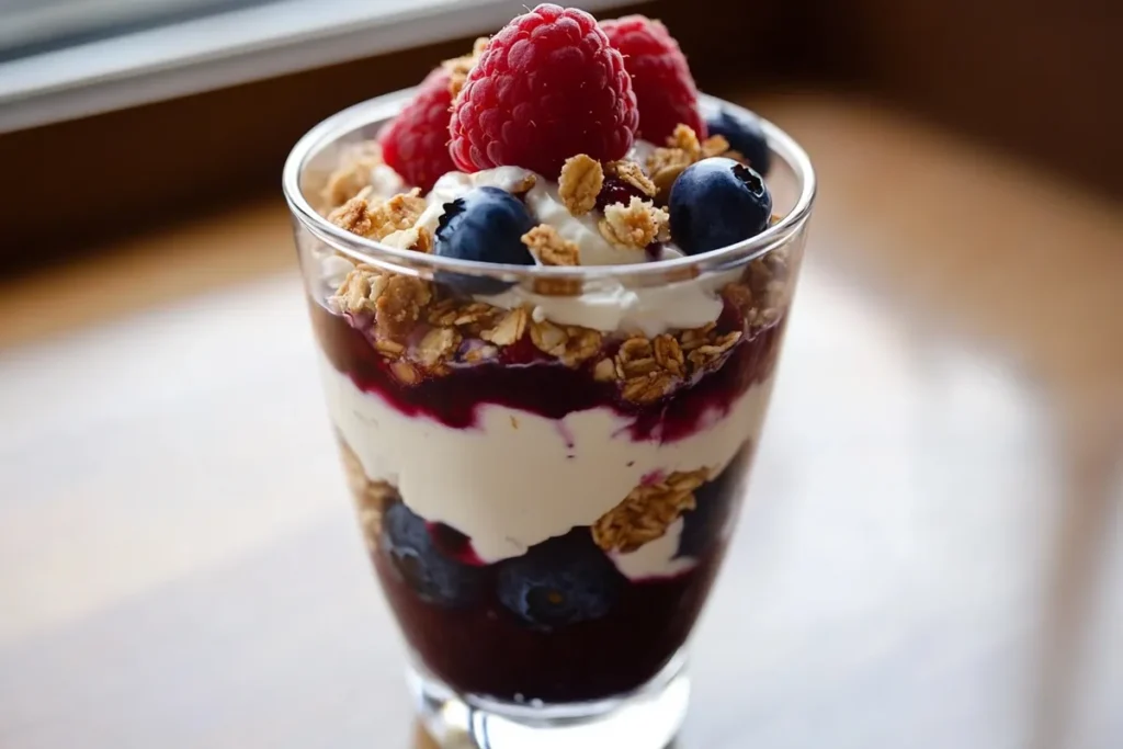 A layered parfait with cottage cheese, berries, and granola.