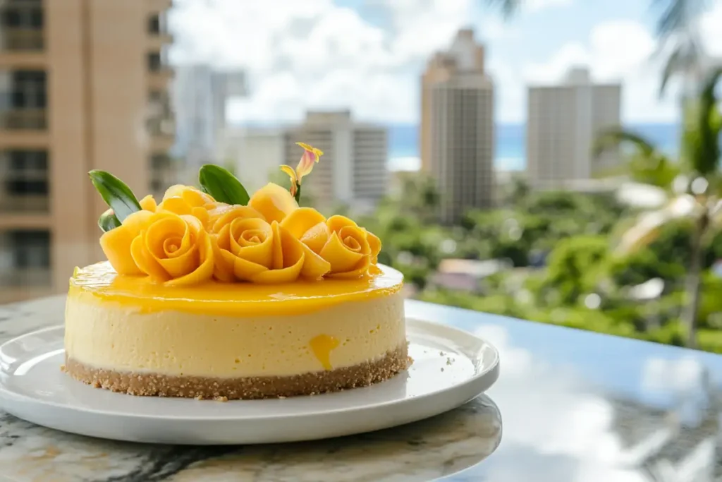 No-bake mango cheesecake with decorative mango roses.