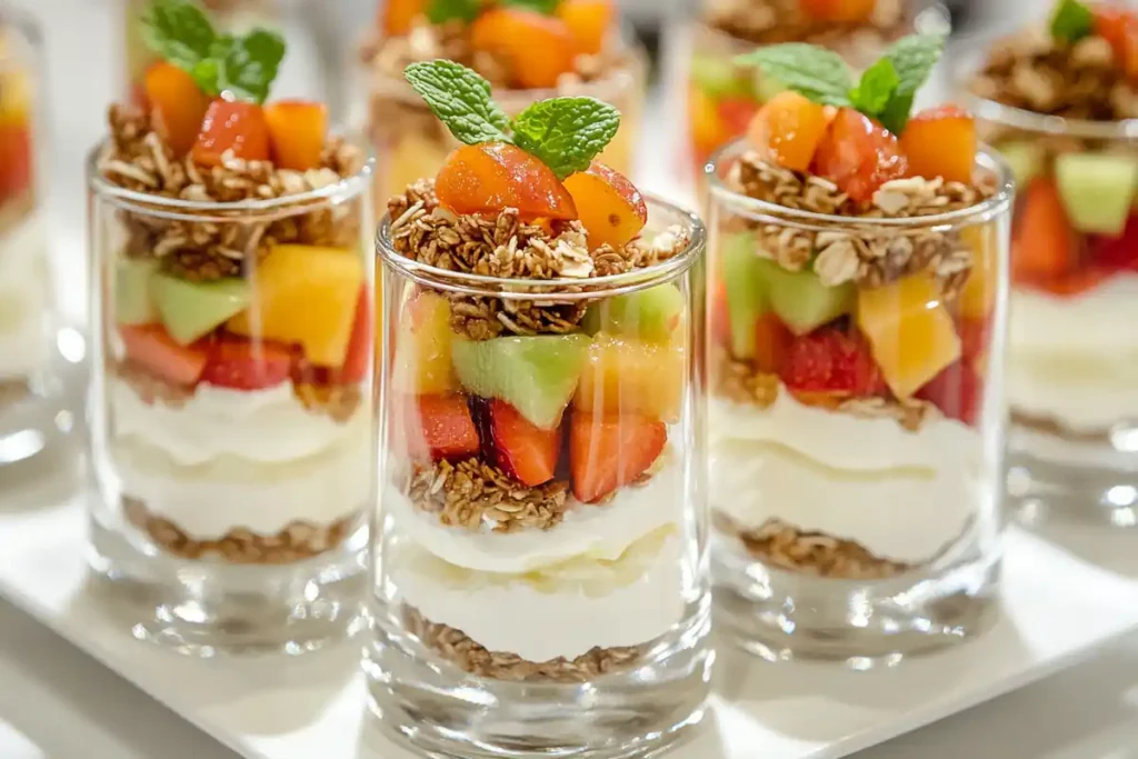 Ricotta parfaits layered with fruits and granola in glass jars.