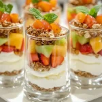 Ricotta parfaits layered with fruits and granola in glass jars.