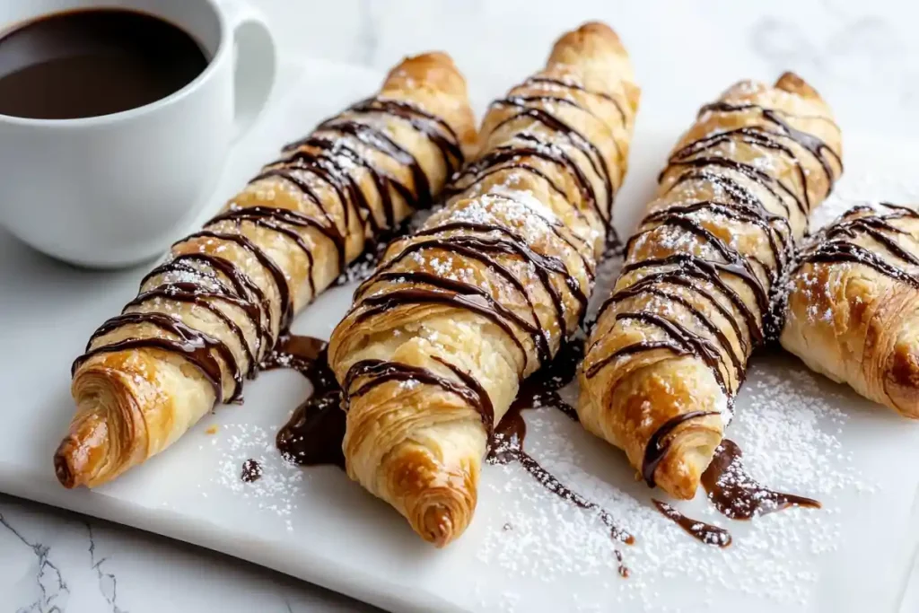 Nutella-filled puff pastry twists with chocolate drizzle and powdered sugar.