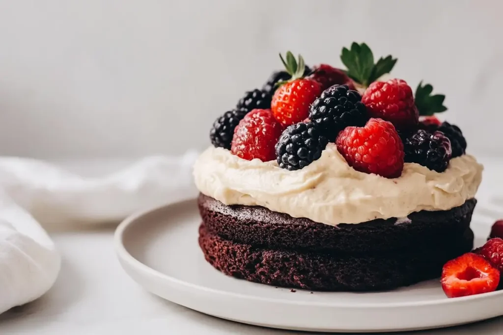 Paleo chocolate cake with coconut cream frosting and berries.