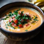 Perfect Chipotle queso dip garnished with cilantro and served with tortilla chips.