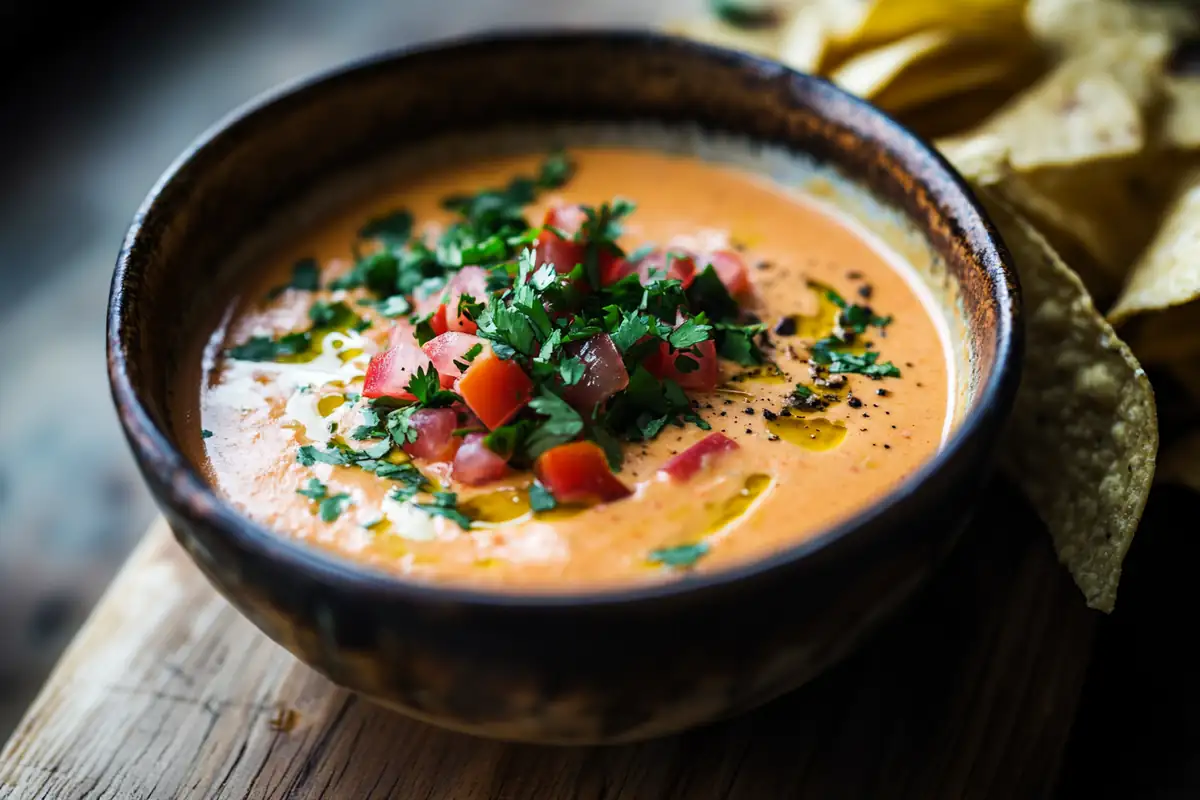 Perfect Chipotle queso dip garnished with cilantro and served with tortilla chips.