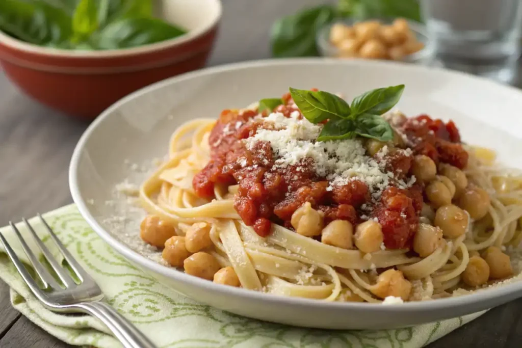 Cooked chickpea pasta with tomato sauce and basil.