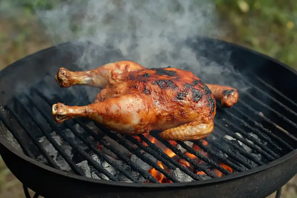 Pollo asado cooking on a charcoal grill.