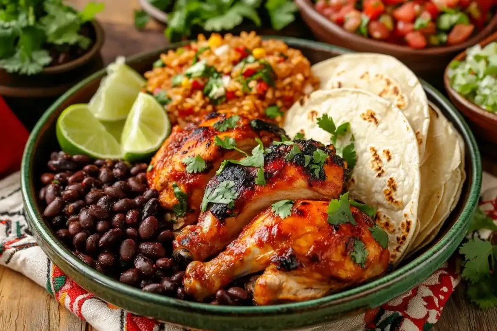 Pollo asado served with Mexican rice and beans.