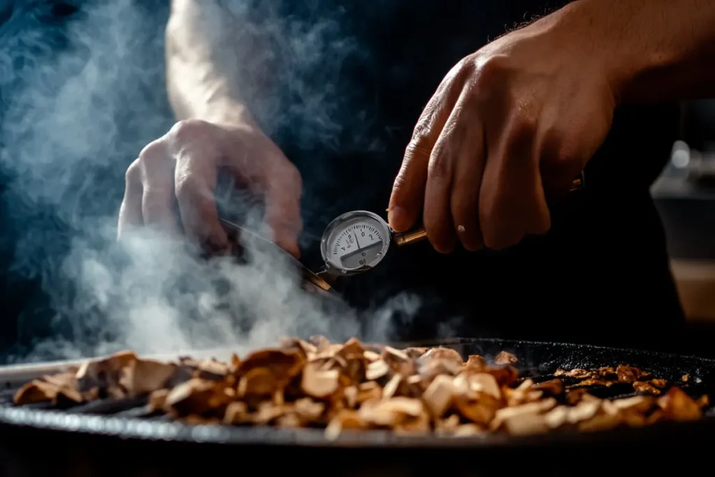 Hands preparing a smoker with wood chips.