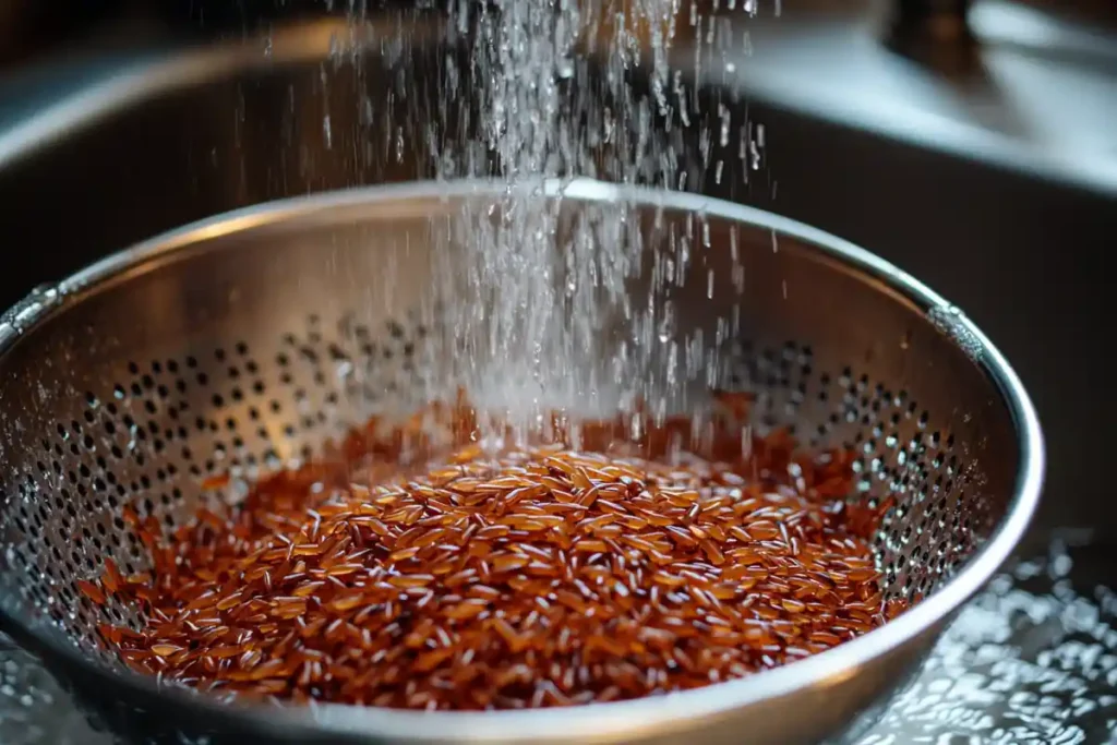 Rinsing red rice grains under water.