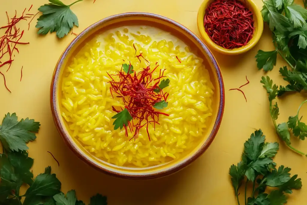 Saffron threads blooming in warm water beside rice.