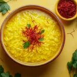 Saffron threads blooming in warm water beside rice.