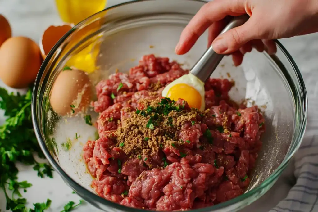 Mixing ground beef with seasonings for meatloaf.