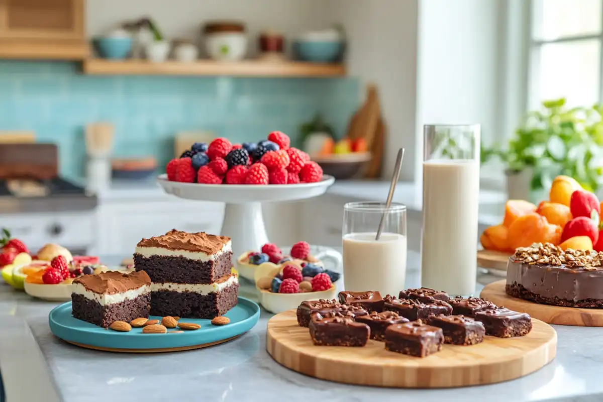 Protein dessert table with brownies, cookies, and cheesecake.