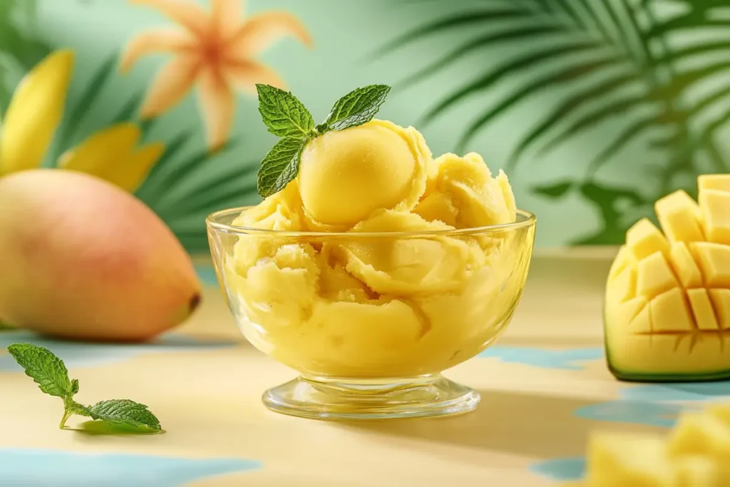 AIP mango sorbet garnished with mint.