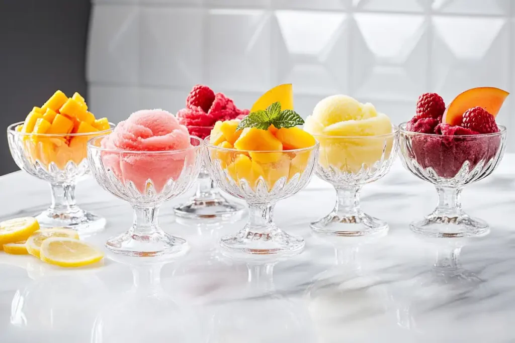 Assorted fruit sorbets in elegant cups.